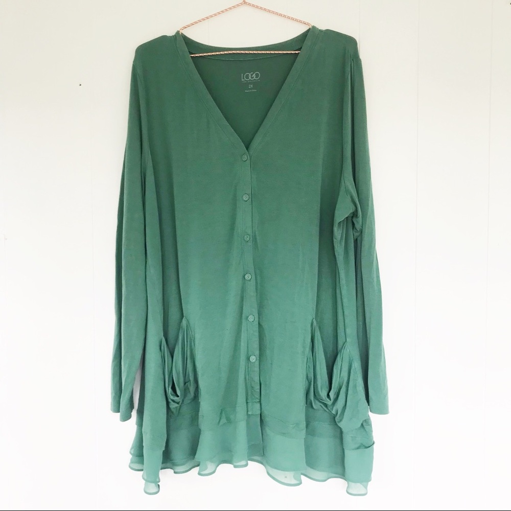 LOGO lightweight green cardigan with ruffle 2X